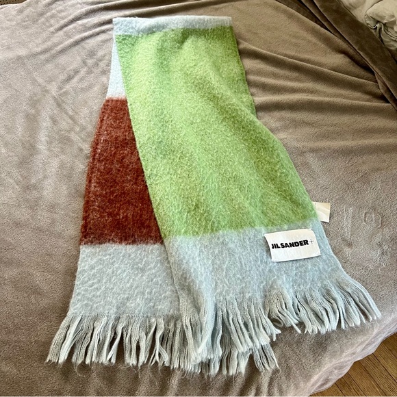 JIL SANDER Color Block Green Tan Blue Mohair Wool Warm Scarf - Picture 5 of 8